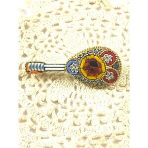 Vintage Micromosaic Lute Ukelele Brooch Pin Shell Glass Gold tone Metal
